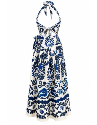 Blue Floral Halter-Neck Maxi Dress