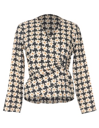 Daisy Print Wrap-Front Long Sleeve Top
