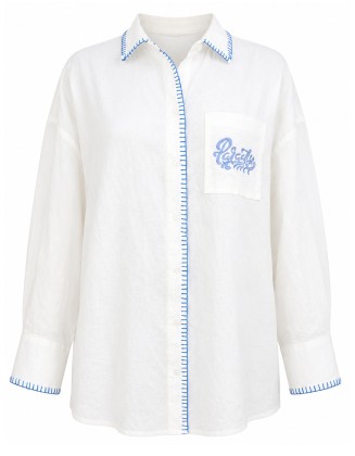Embroidered Pocket Long Sleeve Oversized Shirt