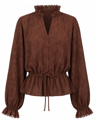 Chocolate Brown Lace Trim Peplum Blouse