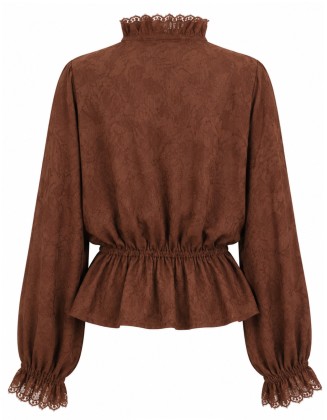 Chocolate Brown Lace Trim Peplum Blouse
