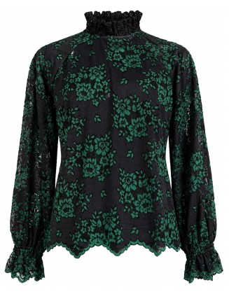 Black and Emerald Green Floral Lace High-Neck Blouse