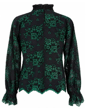 Black and Emerald Green Floral Lace High-Neck Blouse