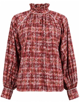 Burgundy Plaid Floral Print High-Neck Blouse