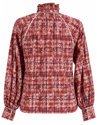 Burgundy Plaid Floral Print High-Neck Blouse