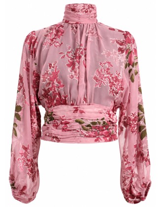 Pink Floral Print High-Neck Rached Blouse