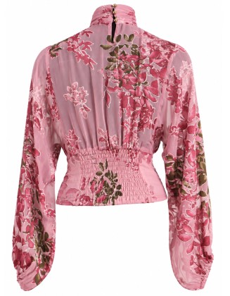 Pink Floral Print High-Neck Rached Blouse