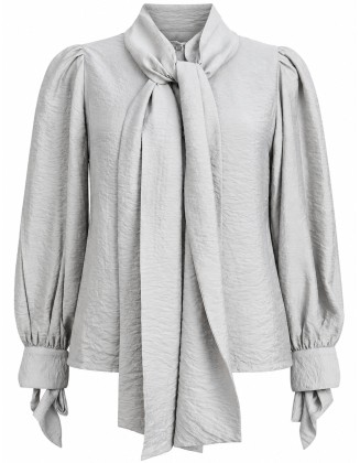 Light Grey Textured Satin Blouse with Bow Neck and Puff Sleeves