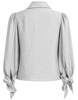 Light Grey Textured Satin Blouse with Bow Neck and Puff Sleeves