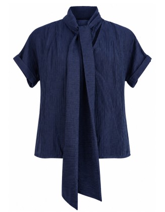  Navy Blue Textured Tie-Neck Blouse with Short Sleeves