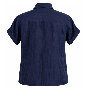  Navy Blue Textured Tie-Neck Blouse with Short Sleeves