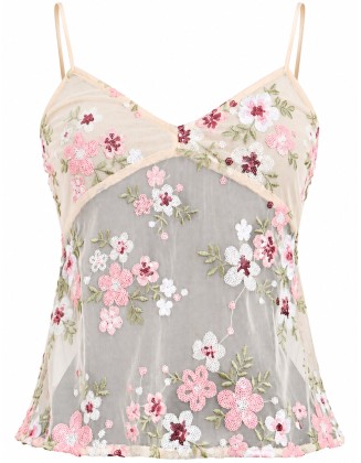 Ivory Floral Embroidered Sheer Camisole Top