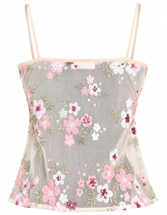 Ivory Floral Embroidered Sheer Camisole Top