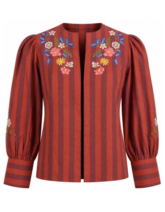 Rust Striped Embroidered Puff Sleeve Jacket