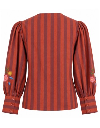 Rust Striped Embroidered Puff Sleeve Jacket