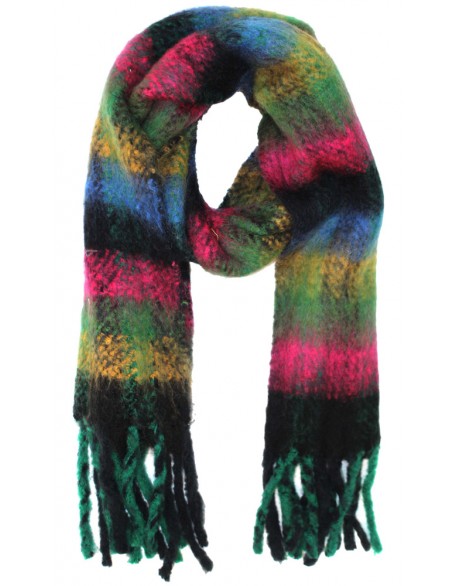 Multi Color Stripe Blend Scarf With Knotted Fringes