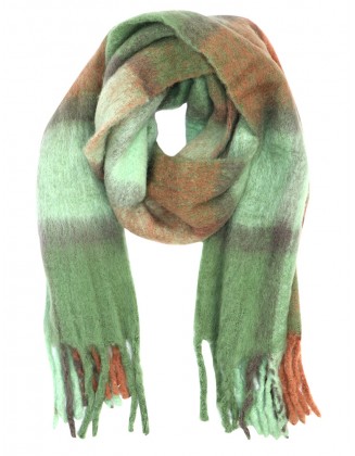 Green Check Fluffy Scarf With Knotted fringes