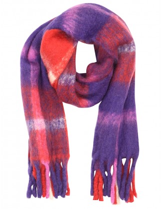 Blue Check Fluffy Scarf With Knotted fringes