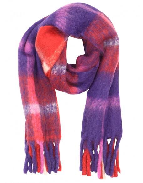 Blue Check Fluffy Scarf With Knotted fringes