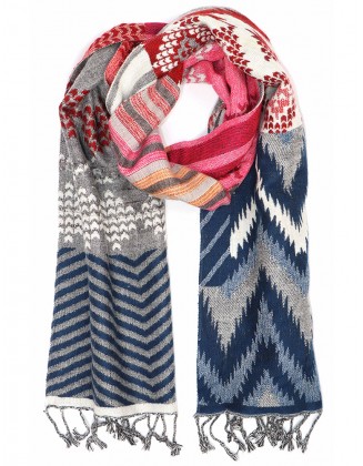Patch Design Jacquard Scarf With Knotted Fringes