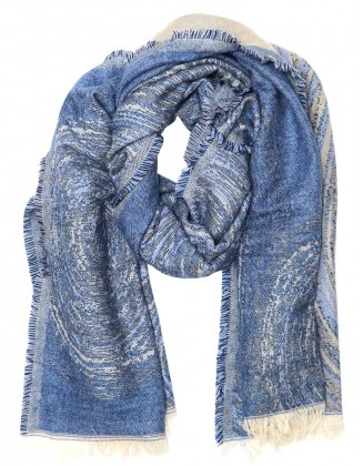 Blue Geometrical Jacquard Scarf With Row Fringes