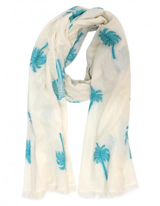 Palm Tree Embroidered Jacquard Frayed Border Scarf