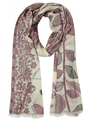 Leaf Jacquard Scarf with Row Fringes