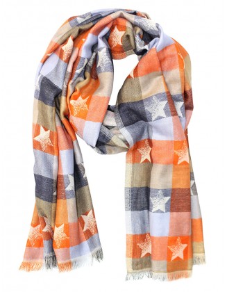 Star and Check Jacquard Scarf with Row Fringes