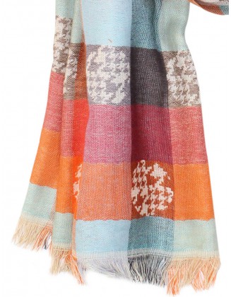 Hounds tooth and Check Jacquard Scarf with Row Fringes