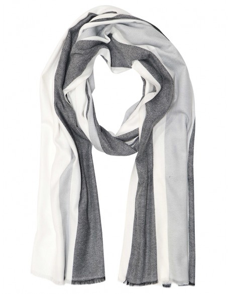 Black / White Stripe Scarf with Row Fringes