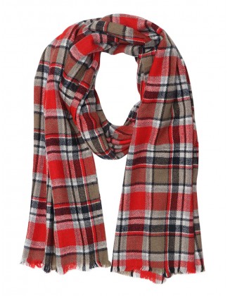 Red Check Jacquard Scarf with Row Fringes