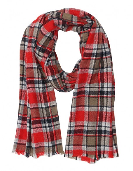 Red Check Jacquard Scarf with Row Fringes
