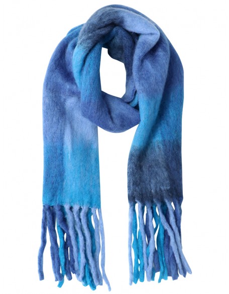 Blue Stripe Blanket Scarf with Knotted Fringes