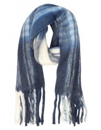 Blue Bland Scarf with Knotted Fringes