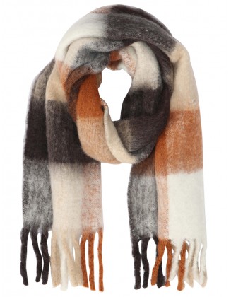 Check Fluffy Scarf with Knotted Fringes