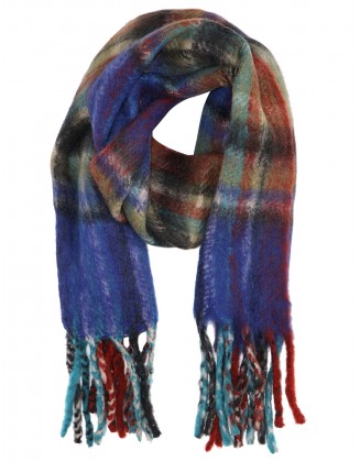 Multi Color Check Blend Scarf With Knotted Fringes