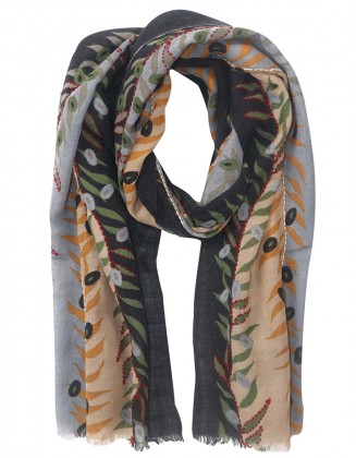 Leaf Printed scarf with Hand Embroidery Row Fringes