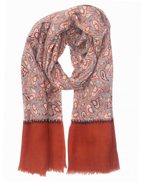 Paisley Print scarf with Hand Embroidery Row Fringes