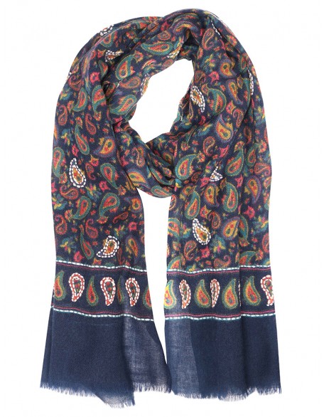 Paisley Printed scarf with Border Hand Work Fringes