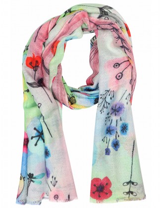 Floral Printed scarf with Multi Color Fringes