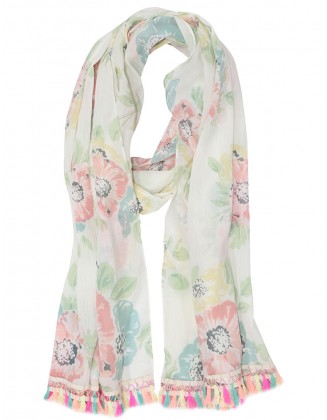 Flower Print Scarf With Tassel Lace