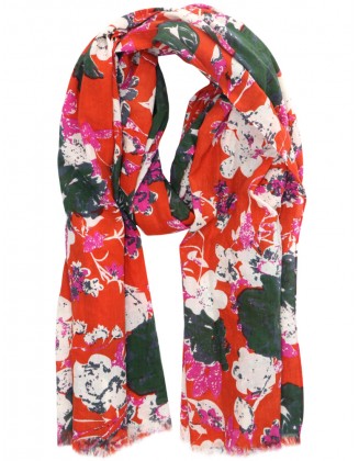 Flower Print Scarf With Row Fringes