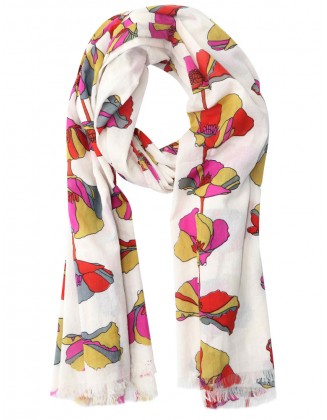 Flower Print Scarf with Row Fringes