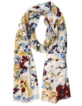 Flower Print Scarf With Row Fringes