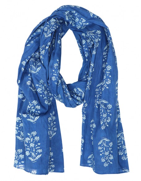 Blue Printed Scarf with Row Fringes