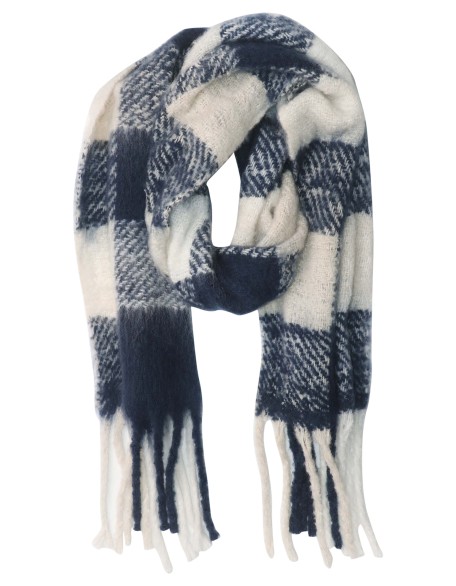 Wool Fluffy Check Scarf with Fringes